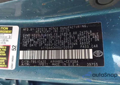 2025 Toyota Camry Se from USA, damaged, VIN 4T1DAACKXSU133597